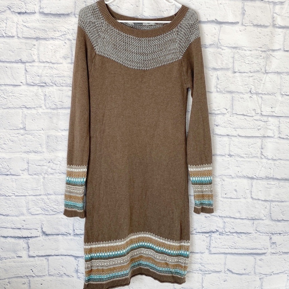 Athleta light brown cotton blend fair isle sweater dress medium
